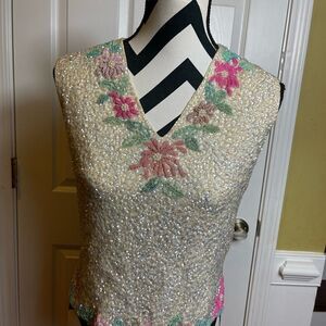 House of Gold vintage Wool beige beads and sequins pastels blouse.SZ 10